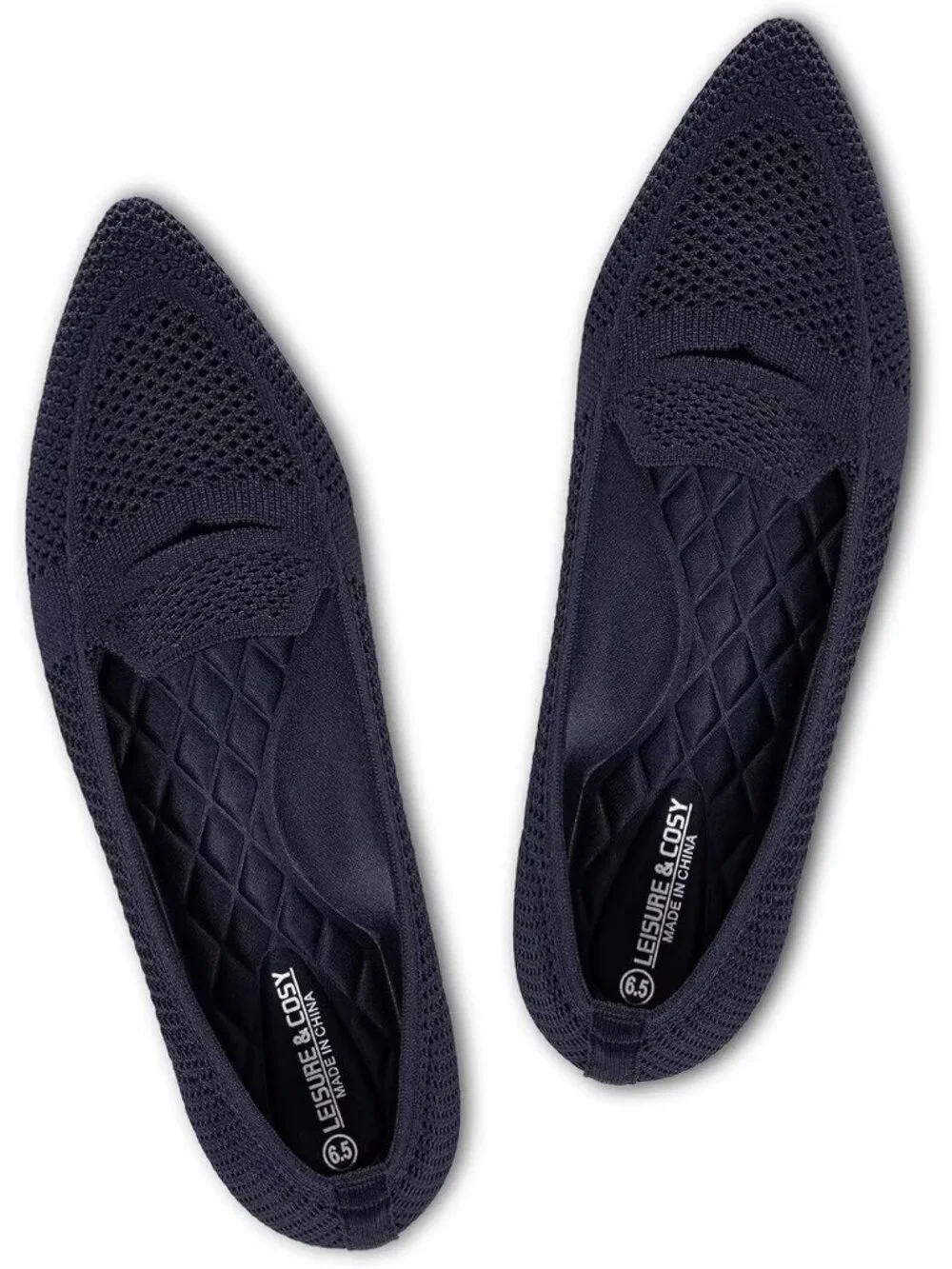 Women's Navy Blue Pointed Toe Penny Ballet Knit Mesh Slip On Flat Loafer Shoes